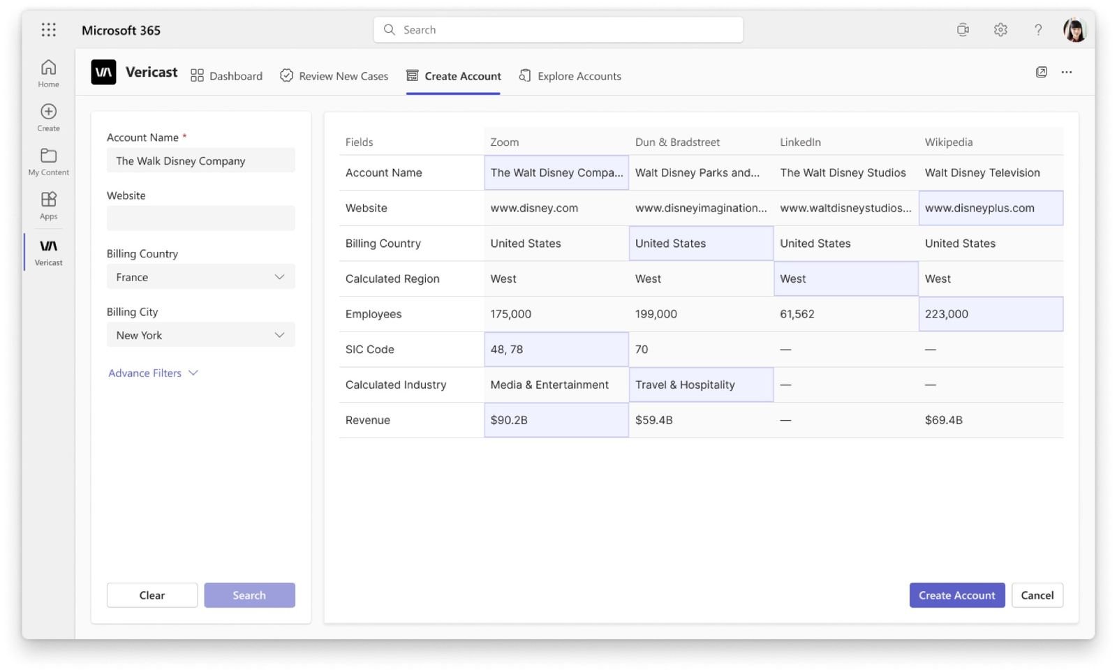 Account creation, checked against internal and external records before saving.